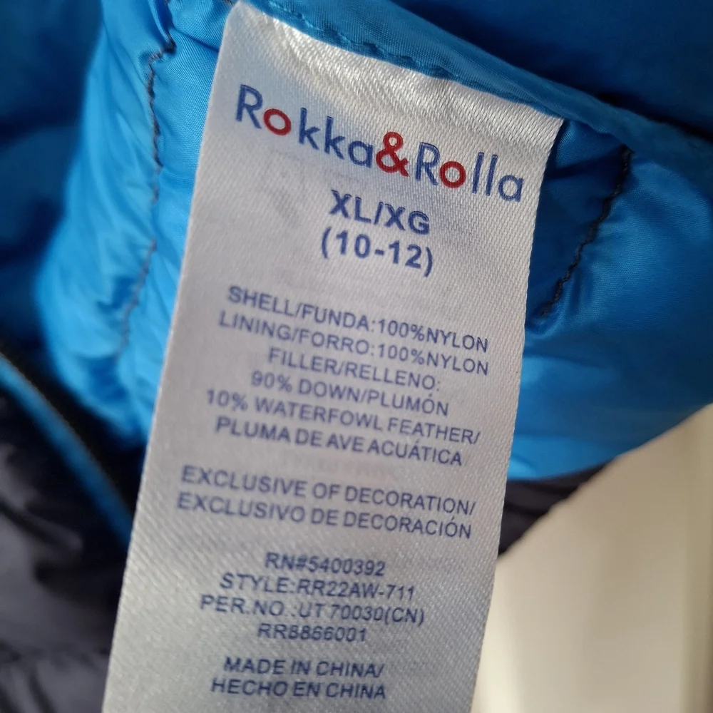 Rokka & Rolla 90% Down Puffer Jacket Kids Childs L 10-12  Lightweight Hood Navy